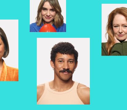 Headshots of eight different men and women against an aqua colour background.