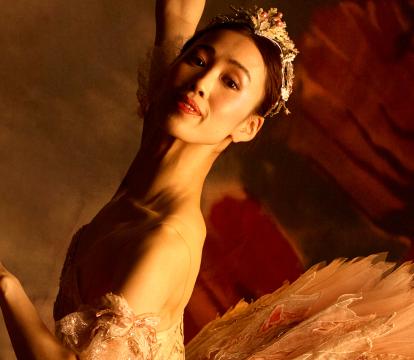 A ballerina in a pink jewelled tutu and tiara mid-pose, against a dark red and grey background.