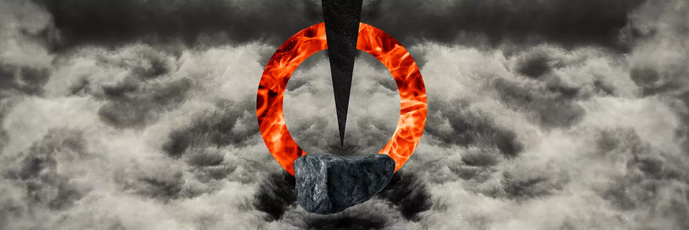graphic showing a firey circle with a sharp dagger pointing towards a stone superimposed over gloomy clouds