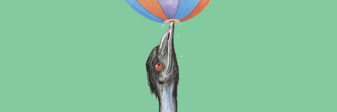 Illustration of an emu with its beak balancing a multicolored ball against a green background. The emu appears to be looking at the ball intensely.