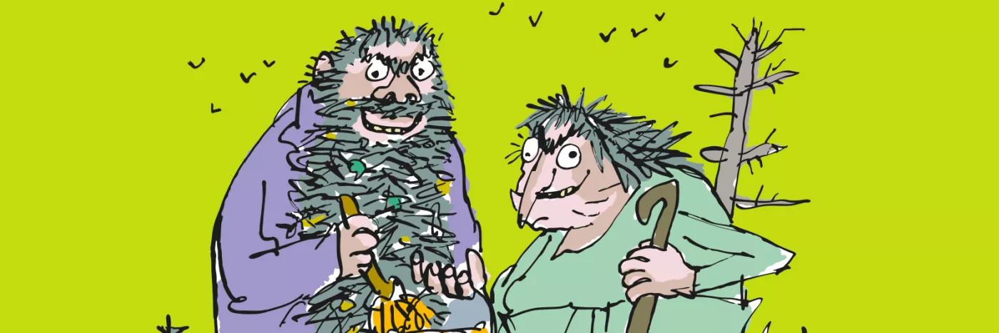 Two cartoon characters stand together. One wears a purple outfit and holds a paintbrush dipped in yellow paint; the other wears green, leans on a cane, and has messy hair. The background is bright green.