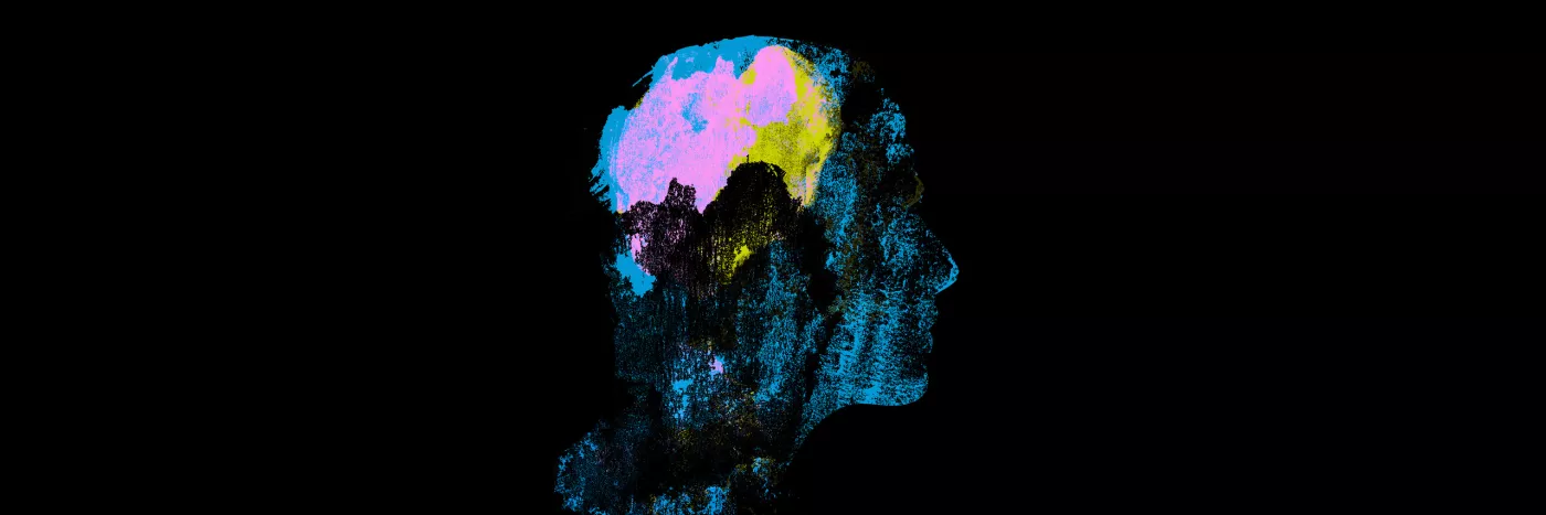 An abstract painting of a human head side profile, the brain is lit up in colour.