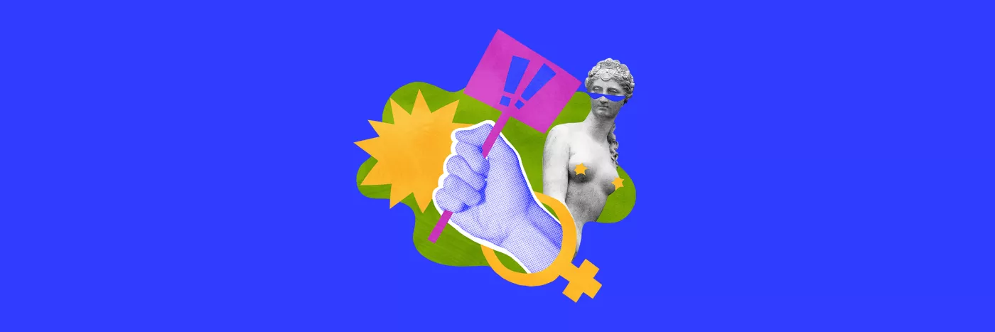 A collage on a bright blue background. A hand holds a sign with exclamation marks on it. Behind this is a Greek statue of a woman wearing sunglasses.