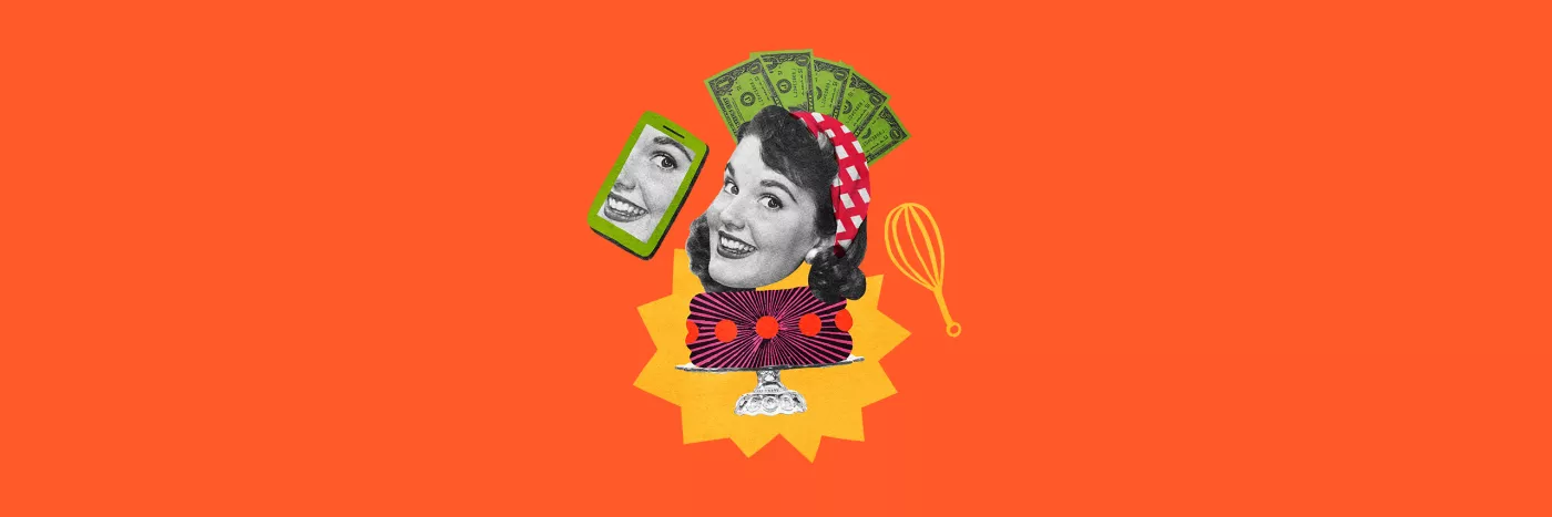 A bright coloured collage. The head of a woman smiling sits on top of a cake surrounded by money and a smart phone.