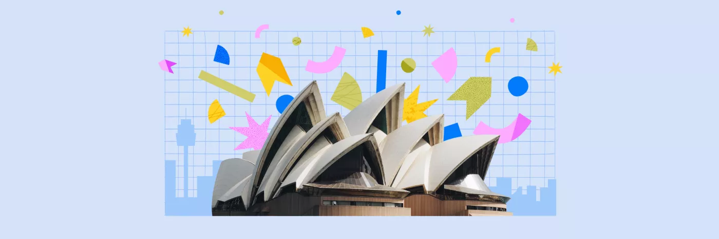 On a light blue background, a cut out of the Sydney Opera House is surrounded by colourful shapes exploding out of it.