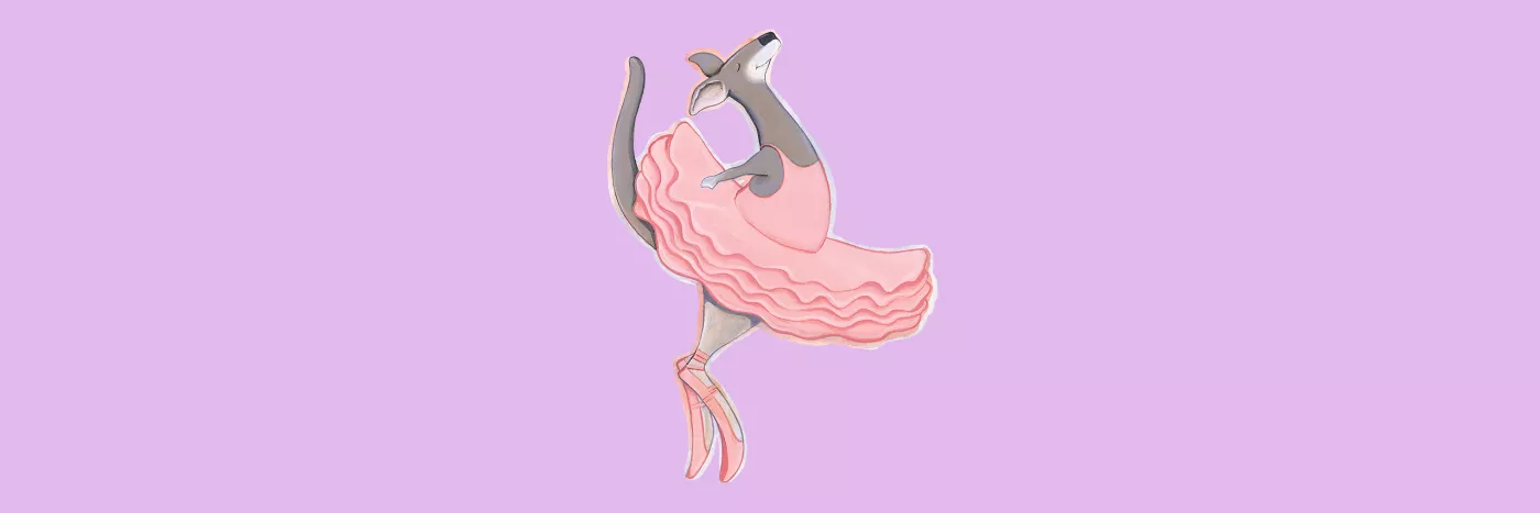 A whimsical illustration of a kangaroo donning a pink tutu, looking cheerful and ready to dance.