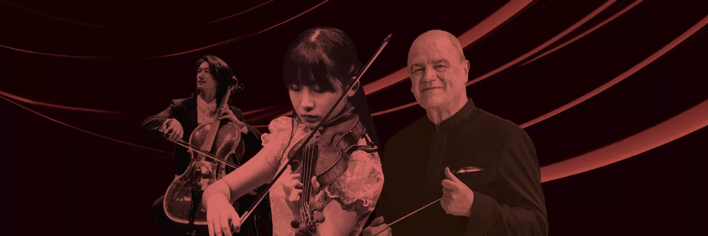 A Singaporean man and woman play the cello and violin respectively next to an older white man holding a conductor's baton, all basked in a red light filter.