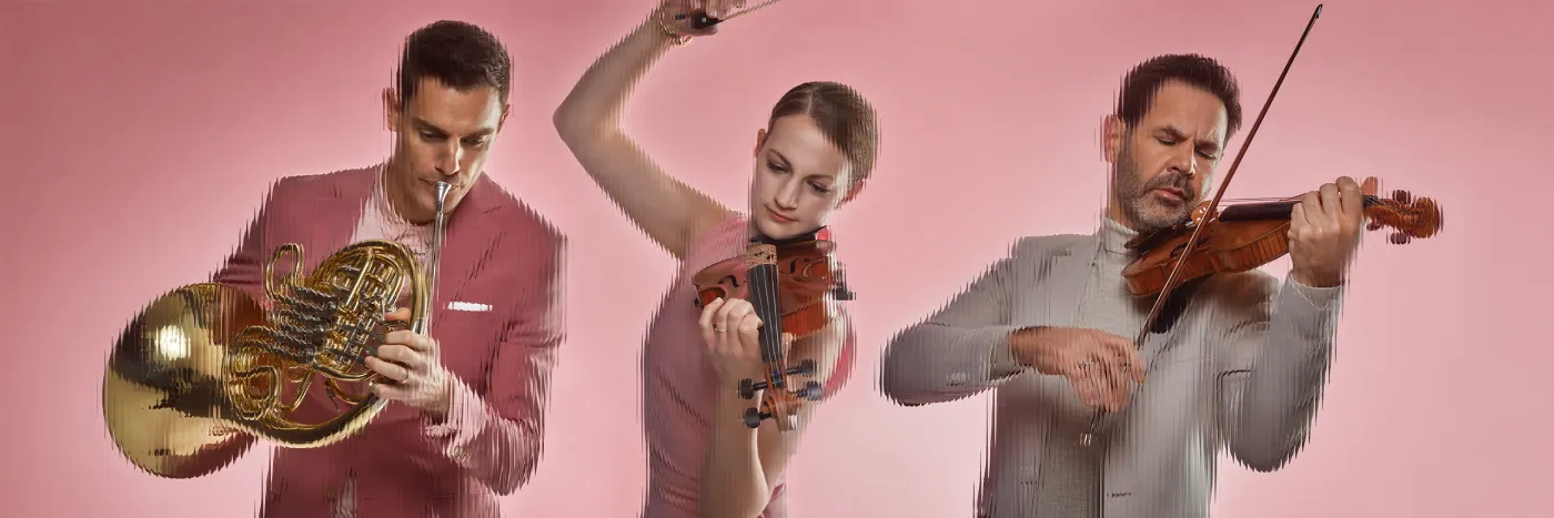 Three artists playing a violins and a tuba, against a pink background.