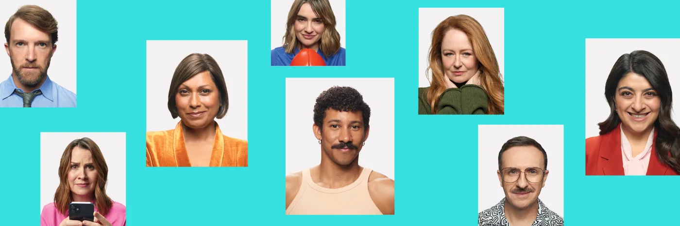 Headshots of eight different men and women against an aqua colour background.
