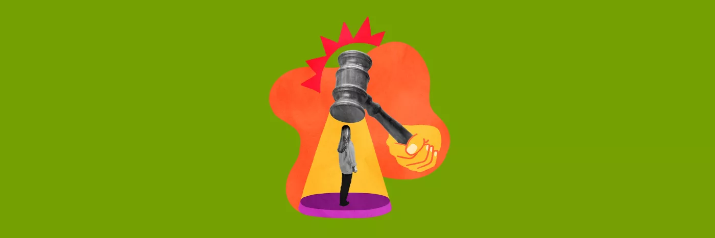 A bright collage featuring a judges gavel shining a spotlight on a lone woman.